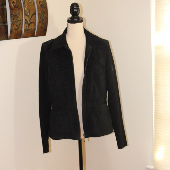 A.M.I. Leather Sweater Combo Full Zip Jacket,  Black - Picture 2 of 9